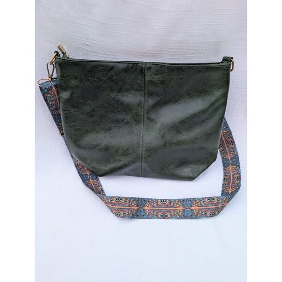 Olive Green Crossbody Bag Purse With Geometric Patterned Strap Adjustable Boho - Picture 1 of 5